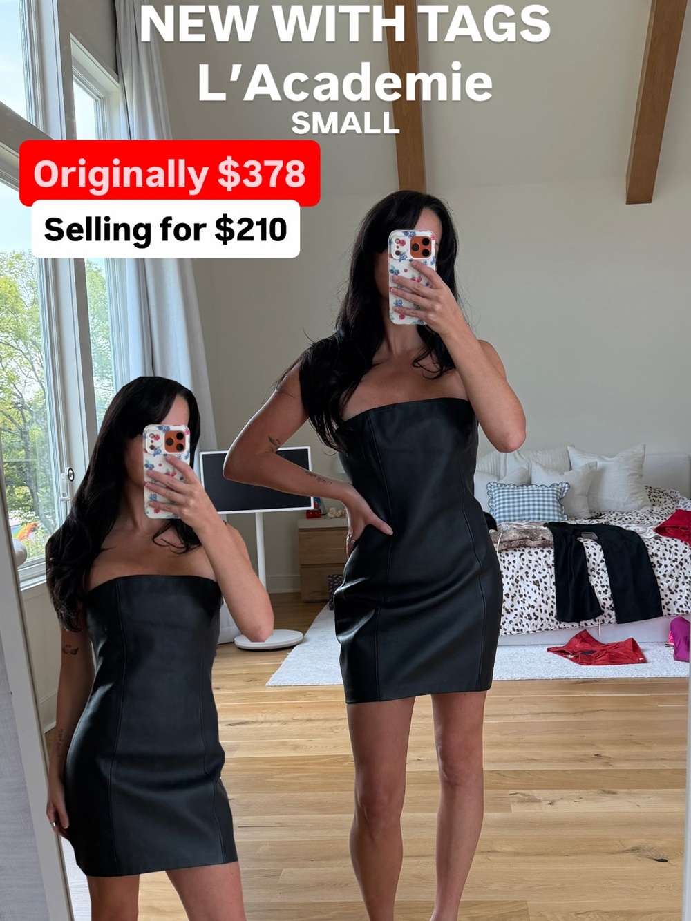 L'Academie Black Strapless Faux Leather Mini Dress